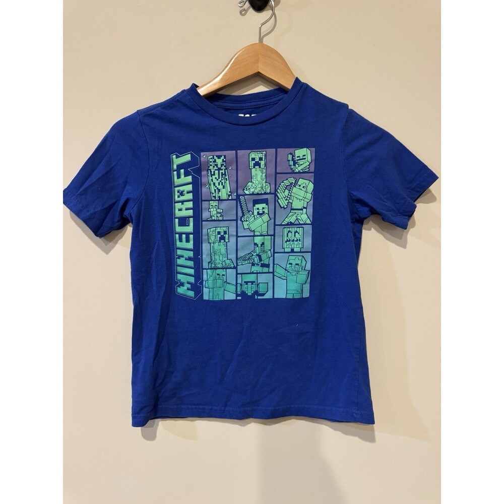 Mojang Studios Boys Size 8 Short Sleeve Crew Neck Blue Minecraft Creeper Tee